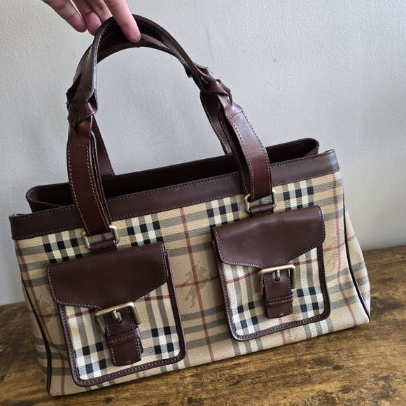 Burberry Beige and Brown Plaid Duffel Bag with Leather Trim - Picture 2 of 7